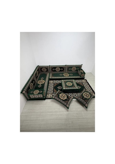 Güneş Modeli Yeşil Otantik Şark Köşesi Takımı L Set - Geleneksel Yer Minderi Seti 10 Cm Minder Kalınlığı 13 Parça