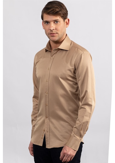 Tudors Modern Slim Fit Düz Saten Erkek Gömlek-23059 Krem