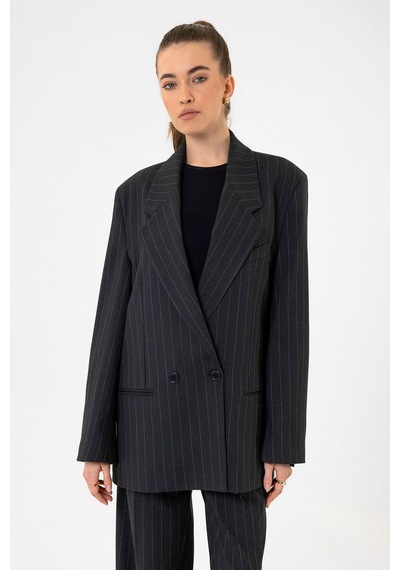 Antioch Kadın Çizgili Oversize Blazer Ceket Lacivert