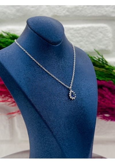 925 Ayar Gümüş Damla Safir Taşlı Lüks Kadın Kolye Gümüş