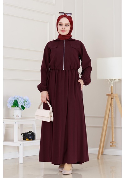 Sevitli Fermuarlı Cepkenli Jile Elbise-bordo-5121