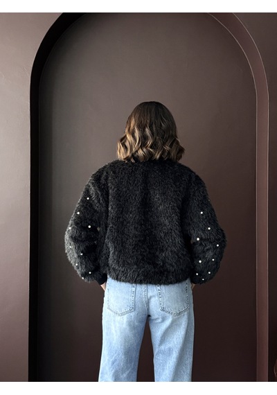 Verymoda Suni Kürk Bomber Ceket - İnci Detaylı Siyah