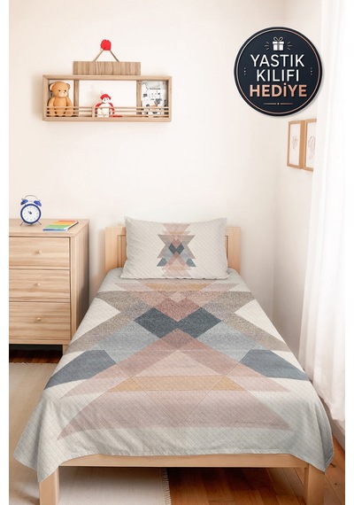 Geometrik Bej Modern Genç Odası Tek Kişilik Pike Takımı - Pudra Gri 160x220 Cm Kapitone Yatak Örtüsü Bordo