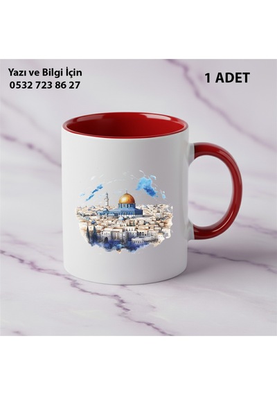 Kudd Üs Sahra Tasarımı Kişiye Özel İsimli Kuddüs Mescid-i Aksa Kupa Bardak - En Güzel Hediyelik Kırmızı