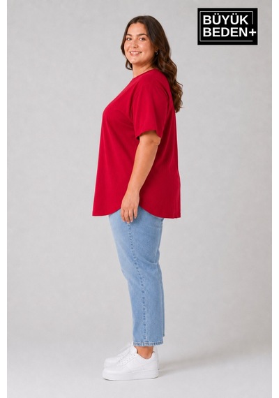 Superlife Süperlife Büyük Beden Kadın Bisiklet Yaka Basic Oval Etek Detalylı 3xl-6xl Uzun Tunik Spr26btsk502 Kırmızı
