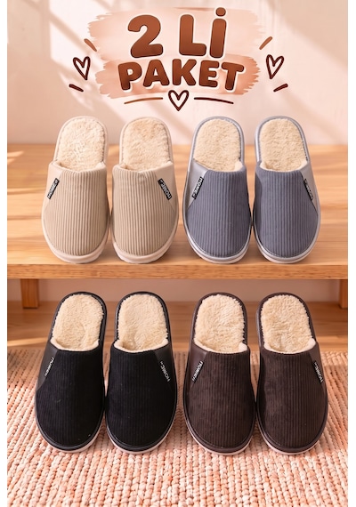 Stwenn 2'li Karma Erkek Kadın Avantajlı Paket Peluş Ev Terliği Kapalı Burun Arkası Açık Sıcak Rahat Panduf 2 Li Morio