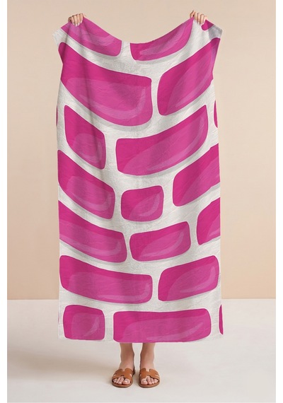 Geometrik Soyut Pembe Plaj Havlusu - Modern Minimalist Fuşya Beyaz Hızlı Kuruyan Mikrofiber Havlu Çiy Kıyısı