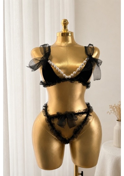 Suısy Pearly Queen Siyah El İşi İnci Detaylı Fırfırlı Tül Bralet Takımı