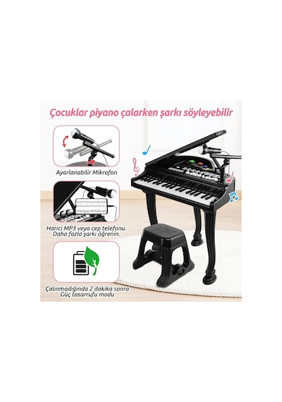 Mikrofonlu Tabureli Oyuncak Kuyruklu Piyano - 37 Tuşlu Eğitici Org Seti - Kayıt Özellikli Piyano