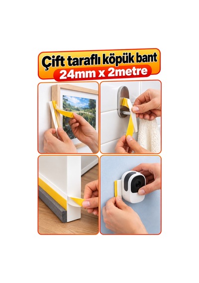 Güçlü Çift Taraflı Köpük Bant 24mm X 2 Metre Montaj Bandı Yapışkanlı Bant