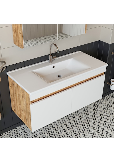 Roomart '' Lavabolu '' Atlantik-Beyaz Mat Mdf 100 Cm Banyo Dolabı Atlantik Çam - Beyaz
