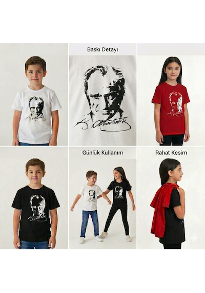 Westicgiyim Atatürk Baskılı Çocuk Tişört Unisex Pamuklu Kısa Kollu Tişört Kırmızı