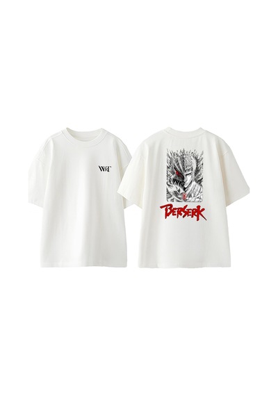 Thewert Berserk Yarim Yuz Tasarım Sırt Baskılı Pamuk Beyaz Oversize T-shirt