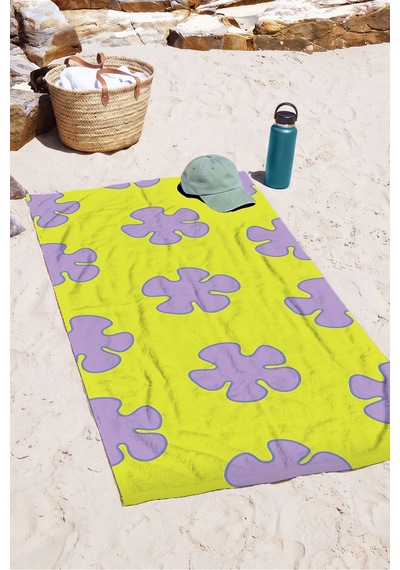 Çiçek Desenli Neon Sarı Lila Plaj Havlusu - Retro Pop Art Modern Hızlı Kuruyan Mikrofiber Havlu Sessiz Melisa