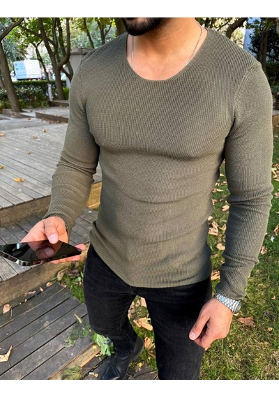 Elku Moda Kazak Örme Tüylenmez Naturel Pamuk Kazak Slim Fit Triko Dar Kesim Body Kazak Haki - Yeşil