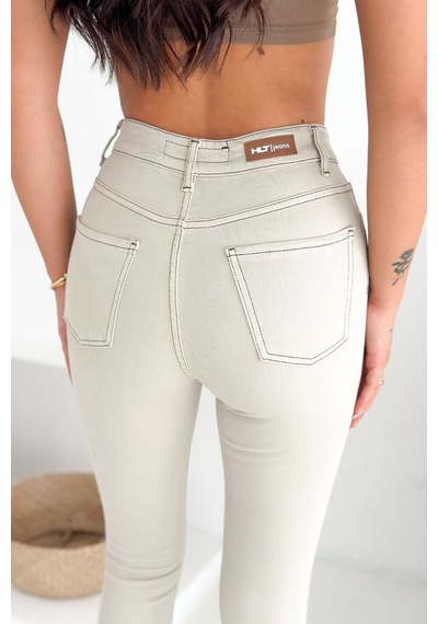HLT Jeans Kadın Taş Renk Süper Skinny Fit Koyu İplik Detaylı Esnek Likralı Yüksek Bel Jean Kot Pan Jennie-2008 Krem