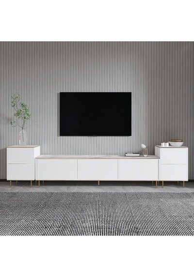 Tv Sehpası Kozan Set Beyaz Mermer Desen Gold 260 Cm