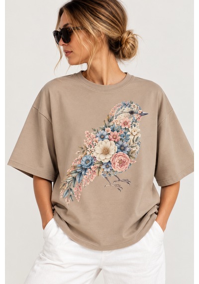 Velaura Studio Çiçekli Kuş Baskılı Kadın T-shirt Vizon