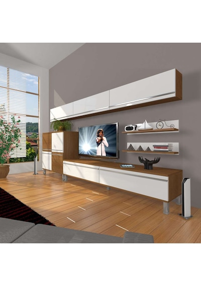 Decoraktiv Eko 8 Mdf Std Krom Ayaklı Tv Ünitesi Tv Sehpası Ceviz - Beyaz