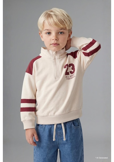 Defacto Dik Yaka Fermuarlı Baskılı Sweatshirt Üst Jean Pantolon 2li Takım Erkek Bebek I0614a526auer98 Ekru-er98