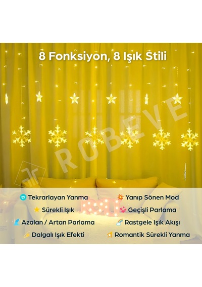 Robeve 8 Fonksiyonlu Büyük Kar Tanesi Led Işık 5 Metre Uzunlukta Suya Dayanıklı Dekoratif Aydınlatma Gün Işığı
