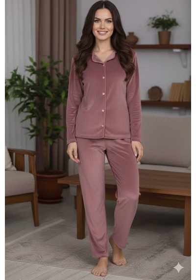 Kırmızı Renk Boydan Düğmeli Kadın Kadife Pijama Takımı Pudra