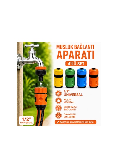 1/2 Hortum Hızlı Bağlantı Aparatı 4'lü Set Bahçe Hortumu Musluk Adaptörü Kilitli Konnektör 0