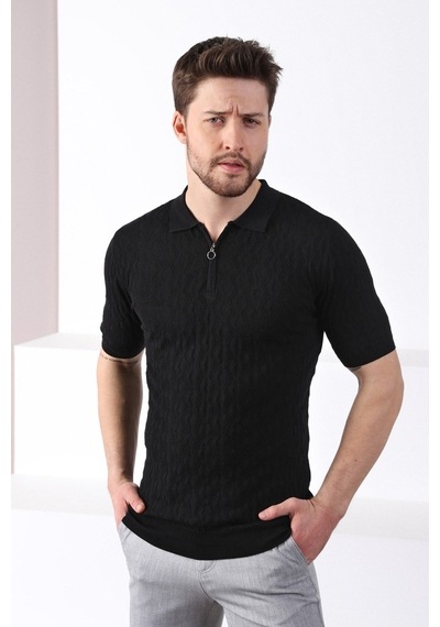 Ferraro Siyah Polo Yaka Fermuarlı Erkek Pamuk Triko T-Shirt-Siyah (417942689) Siyah