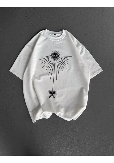 Erkek Kısa Kol Tişört Bisiklet Yaka Gül Baskılı Oversize T-shirt - Beyaz