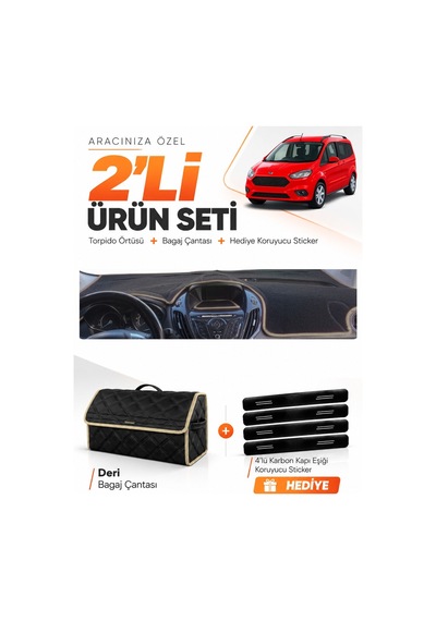 E-biz Ford Courier 2013-2020 Ekranlı Uyumlu Torpido Örtüsü + Deri Çanta - Siyah-bej - Fo003