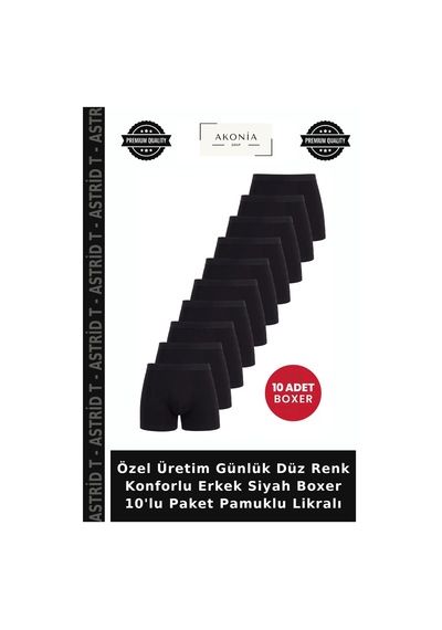 Astrid T Özel Üretim Günlük Düz Renk Konforlu Erkek Siyah Boxer 10'lu Paket Pamuklu Likralı