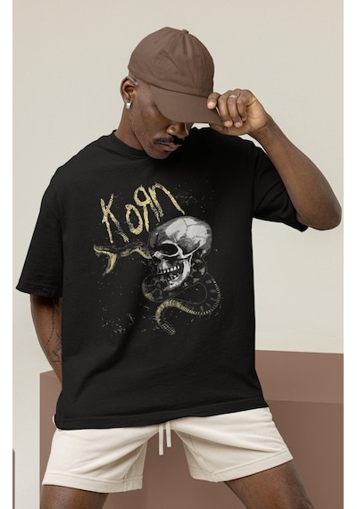 Tasarım Korn Rock Metal Müzik Grubu Baskılı Unisex Oversize Tişör Siyah