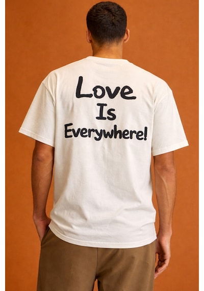 Tarz Cool Erkek Oversize Tişört "love Is Everywhere" Baskılı Basic Pamuklu T-shirt Beyaz