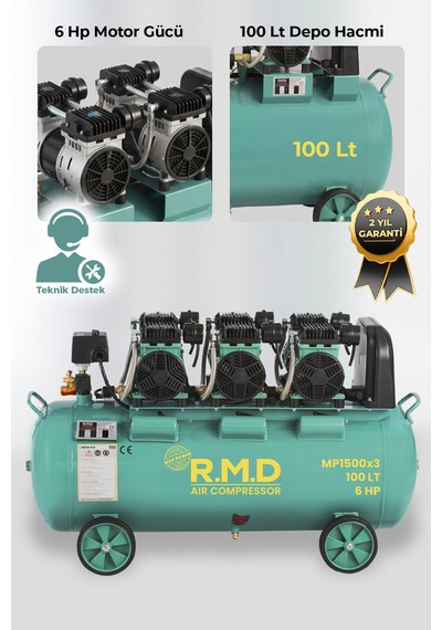 R.m.d Kompresör 100 Lt Yüksek Emişli Yağsız Teknoloji Hava Kompresörü Imp1500x3ı