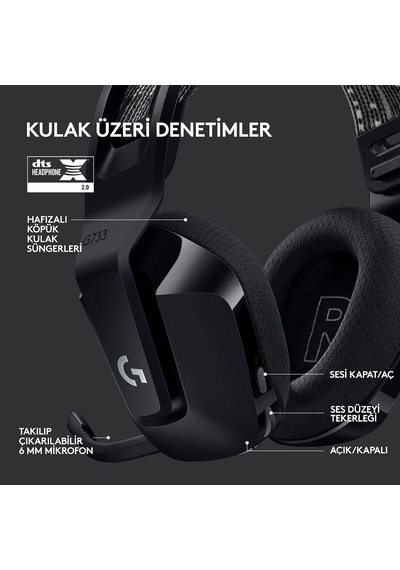 G733 Lıghtspeed Kablosuz Kulak Üstü Oyuncu Kulaklığı, Lıghtsync Rgb, Blue Voice Mikrofon, Askılı Kafa Bandı, Pro