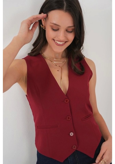 Defymoda 6796 Kısa Dokuma Yelek - Bordo Bordo