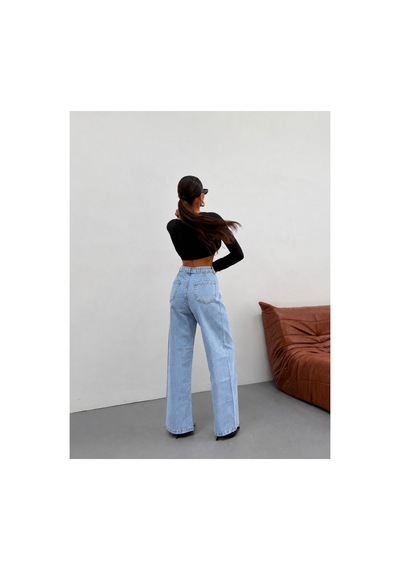 Kene Jeans Kemer Kuşaklı Buz Kar Ön Detaylı Denim Palazzo Pantolon Mavi