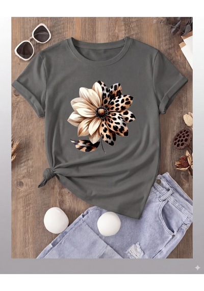 Nature & Wild Leopar Çiçek Baskılı T-shirt Gri