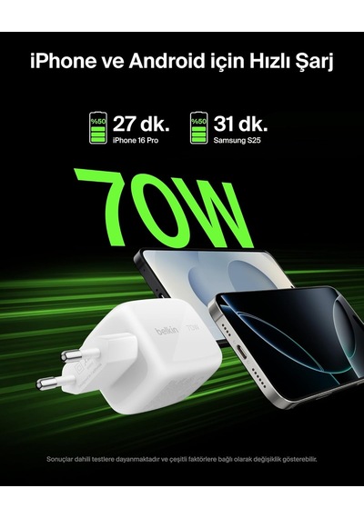 Belkin 3 Bağlantı Noktalı Usb-c Şarj Cihazı, 70 W, 2x Usb-c Ve 1x