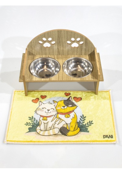 Oval Pati Desenli Ahşap İkili Çelik Kaseli Kedi Su ve Mama Kabı