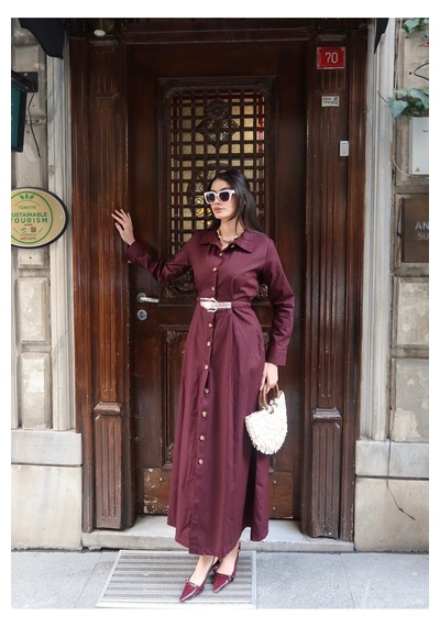 Kechi Woman Poplin Kumaş Akseusarlı Elbise Bordo