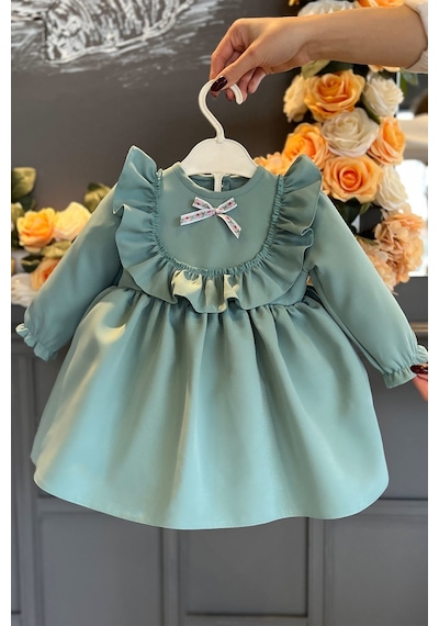 Mint Yeşili Fırfır Ve Dantel Detaylı Vintage Krep Tasarım Kız Çocuk Bebek Elbise 001