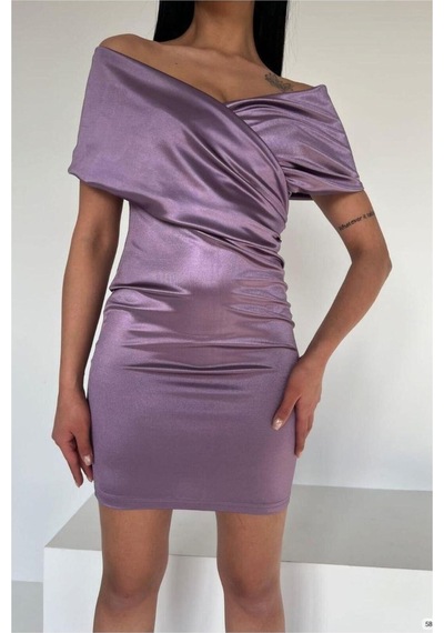 Store Saten Yaka Mini Madonna Elbise Kumaş Mor - 935895068 Mor