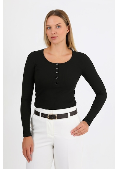 Hdm Kadın Siyah Uzun Kollu Fitilli Patlı Çıtçıtlı Basic Örme Bluz - H6172