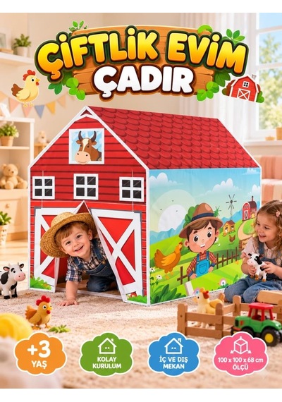 Çiftlik Evi Temalı Çocuk Çadırı Tek Yönlü Pencereli Hayal Evi 100 X 100 Cm Eğlenceli Oyuncak Çadır Çok Renkli