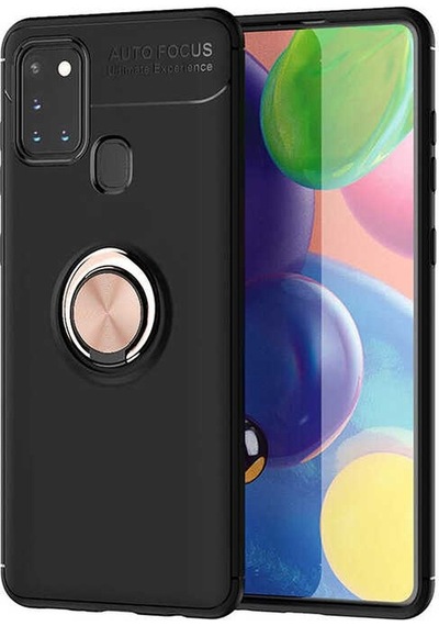 Kilifone - Galaxy A21s Uyumlu Kılıf Koruyucu Yüzüklü Karbon Ravel Silikon Kapak - Siyah-rose Gold - T13909