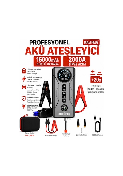 4-in-1 16000mah Akü Takviye Cihazı 150 Psı Kompresör Powerbank Lcd Ekran Led Fener Eva Çanta 2000a Tepe Akım