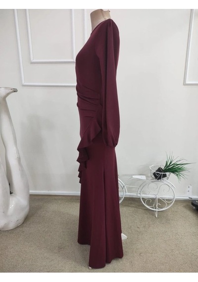 Defymoda Kadın Uzun Kollu Bisiklet Yakalı Önden Fırfırlı Uzun Janjan Krep Elbise Bordo