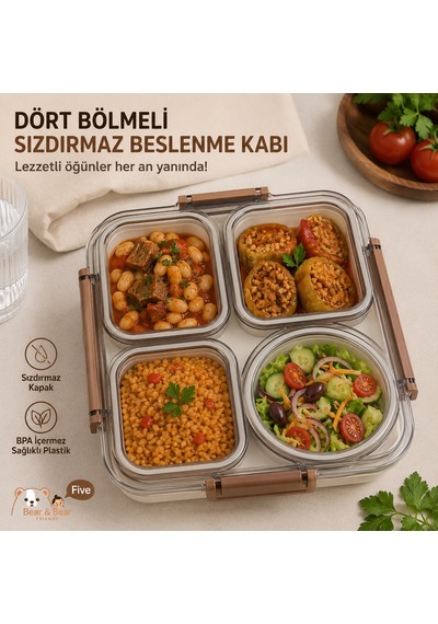 Sosluklu 4 Bölmeli Gıdaya Uygun Plastik Yemek Kabı Sızdırmaz Kapaklı Taşınabilir Diyet Beslenme Kabı 611 1800ml Gri - Sarı
