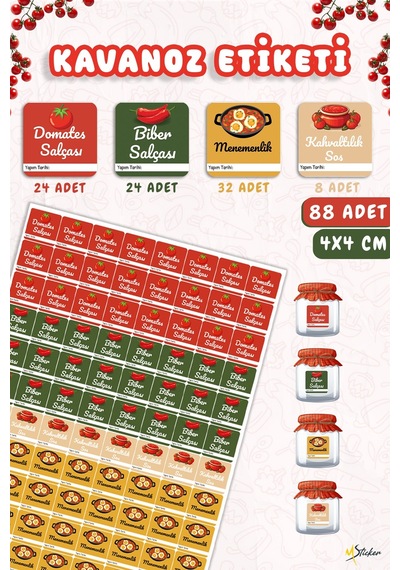 Domates Biber Salça Kavanoz Etiket Sos Etiketleri, Menemenlik Kahvaltılık Sos Etiket 4x4 88 Adet Çok Renkli